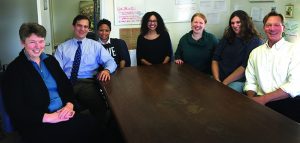 AVENGERS UNITE: The staff of the Center for Prisoner Health and Human Rights, from left to right: Michelle McKenzie, senior project director; Jody Rich, cofounder and director; Milly Perez-Cioe, executive secretary; Alex Macmadu, senior research assistant; Heather Gaydos, reentry project manager; Sarah Martino, project director; Bradley Brockmann, executive director. Photo by Patricia D’Aiello