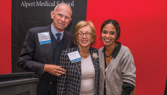 From left, Stephen Ehrlich '55, P'85, Mary Ann Erhlich, P'85, and Roxanne Vrees '98 MD'03 RES'07 at the BMAA awards presentation. (credit: David DelPoio)