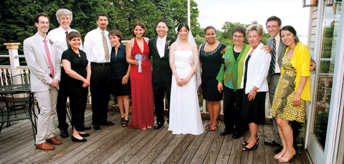 Margret Chang MD'10 RES'14 with friends on her wedding day, including Michaella Griffin, third from right. (courtesy Margret Chang)