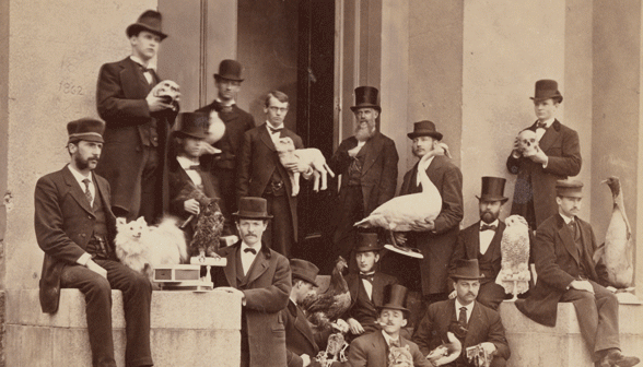 Jenks with his taxidermy students in 1875, on the steps of Rhode Island Hall. (Credit: Brown University Archives)