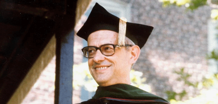 The founding dean of the Medical School, Stanley M. Aronson, MD, at Commencement in 1975.