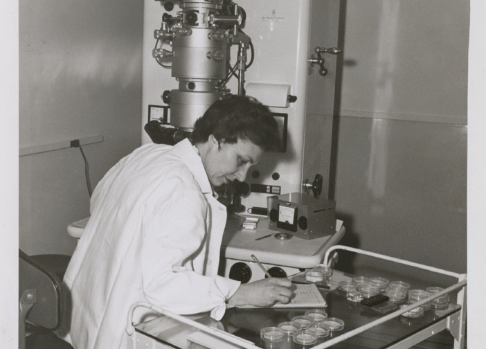 1953: As part of a post-war expansion, Elizabeth H. Leduc PhD'48, joins Brown in 1953, and becomes the first female full professor in biology and the third female full professor at the University. She pioneers new methodologies in cytochemistry and the use of water-soluble embedding media and ultrathin frozen sections for electron microscopy. In 1973 she is named dean of the Division of Biological and Medical Sciences and Frank L. Day Professor of Biology.