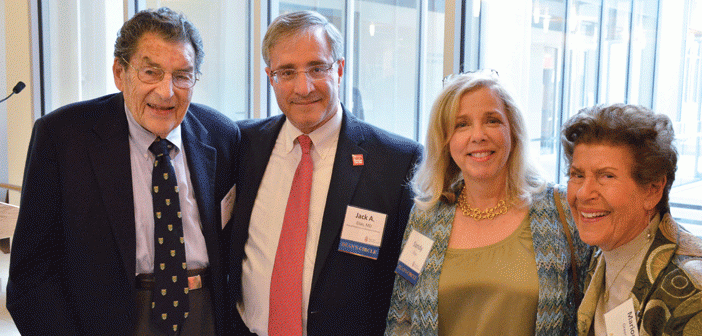 From left, David Greer, Dean Jack A. Elias and his wife, Sandy, and Dean Greer's wife, Marion, at the tribute to Dean Stanley Aronson in May 2014. The Greers had remained active members of the Brown community. (Credit: Caroline Gollub)