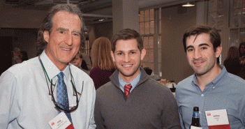 From left, Craig Mello, PhD ’82, co-director of the RNA Therapeutics Institute at the University of Massachusetts Medical School, with Amylyx Pharmaceuticals co founders Justin Klee ’13 and Joshua Cohen ’14.