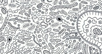 Keith Haring-inspired illustration of a microbial community by Sigrid Knemeyer, MS, CMI