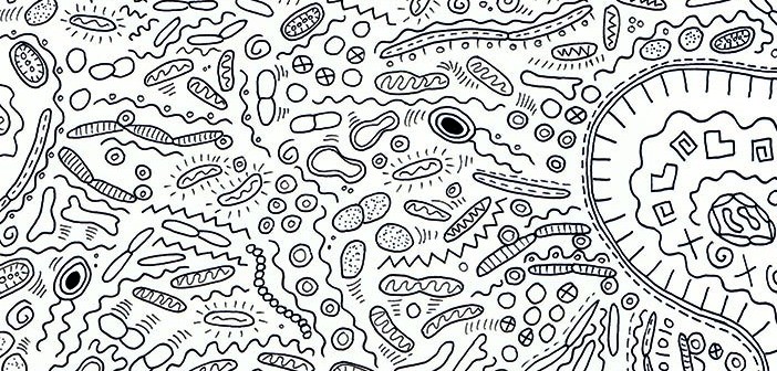 Keith Haring-inspired illustration of a microbial community by Sigrid Knemeyer, MS, CMI