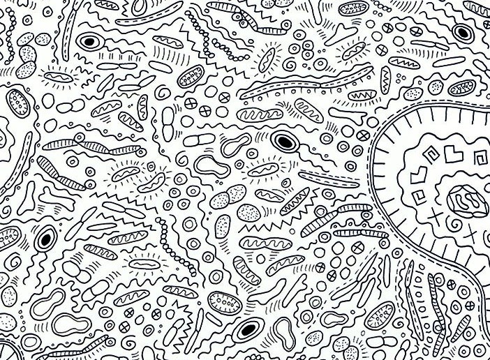 Keith Haring-inspired illustration of a microbial community by Sigrid Knemeyer, MS, CMI