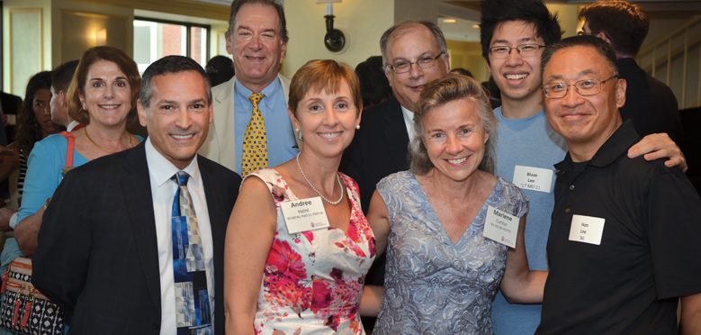 REUNION DINNER: Front row, left to right, Dan Medeiros MD’86; Andree Heinl ’83 MD’86, PMD’15, ’18; Marlene Cutitar ’83 MD’86 RES’92; Hon Lee ’82 MD’86, P’17MD’21, ’18. Back row, Diane Scott ’75, P’05MD’09, ’09MD’13; Mark Scott ’75 MD’86, P’05MD’09, ’09MD’13; Robert Panton ’83 MMS’86 MD’86; and Blaze Lee ’17 MD’21.