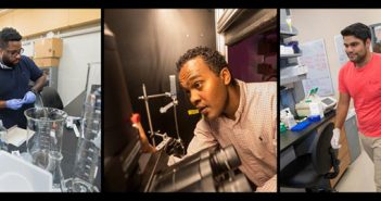 Shawn Williams, Arif Hamid, and Kavin Nuñez, left to right, have all been honored as future leaders in the life sciences with competitive HHMI fellowships. Photos by Nicholas Dentamaro