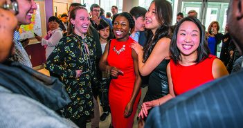 Cut ups: Meredith Adamo MD ’18, Nicole Negbenebor MD ’18, Alicia Lu MD ’18, and Alice Tin MD ’18 (left to right) share some laughs before the big reveal.