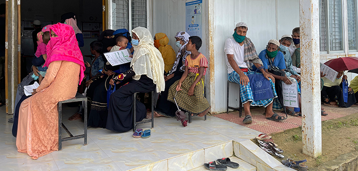 Rohingya refugees wait to get the COVID vaccine in Cox’s Bazar, Bangladesh, in August. HAEFA operates two free clinics in refugee camps there.